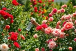 Jardineiro segurando borrifador com solução de bicarbonato aplicando em roseiras floridas.