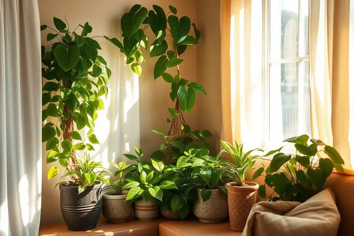 Canto aconchegante de sala com várias plantas jiboias em vasos bonitos