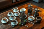 Uma mesa de café com diferentes tipos de café e métodos de preparo, descrevendo a cultura do café.