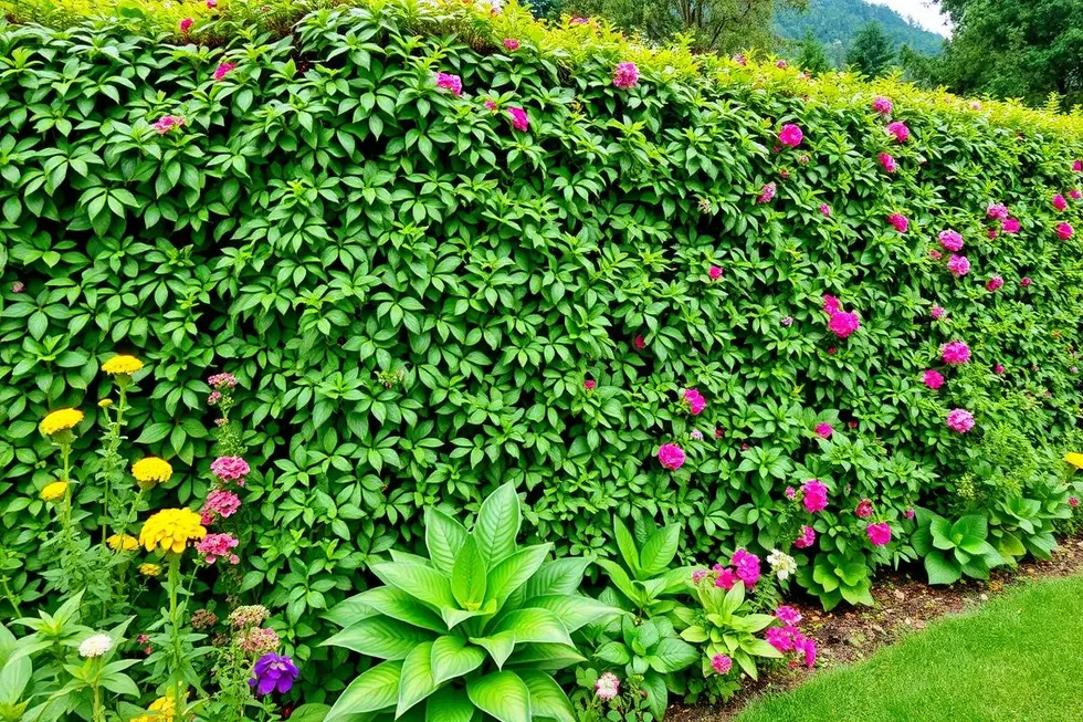 Jardim exuberante com cerca viva, refletem a beleza natural e o cuidado com as plantas.