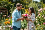 Casal sorridente trocando flores em um jardim cheio de plantas florescendo, luz natural e ambiente acolhedor