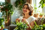 Mulher sorridente em apartamento com plantas, segurando uma xícara de chá de alecrim em momento relaxante