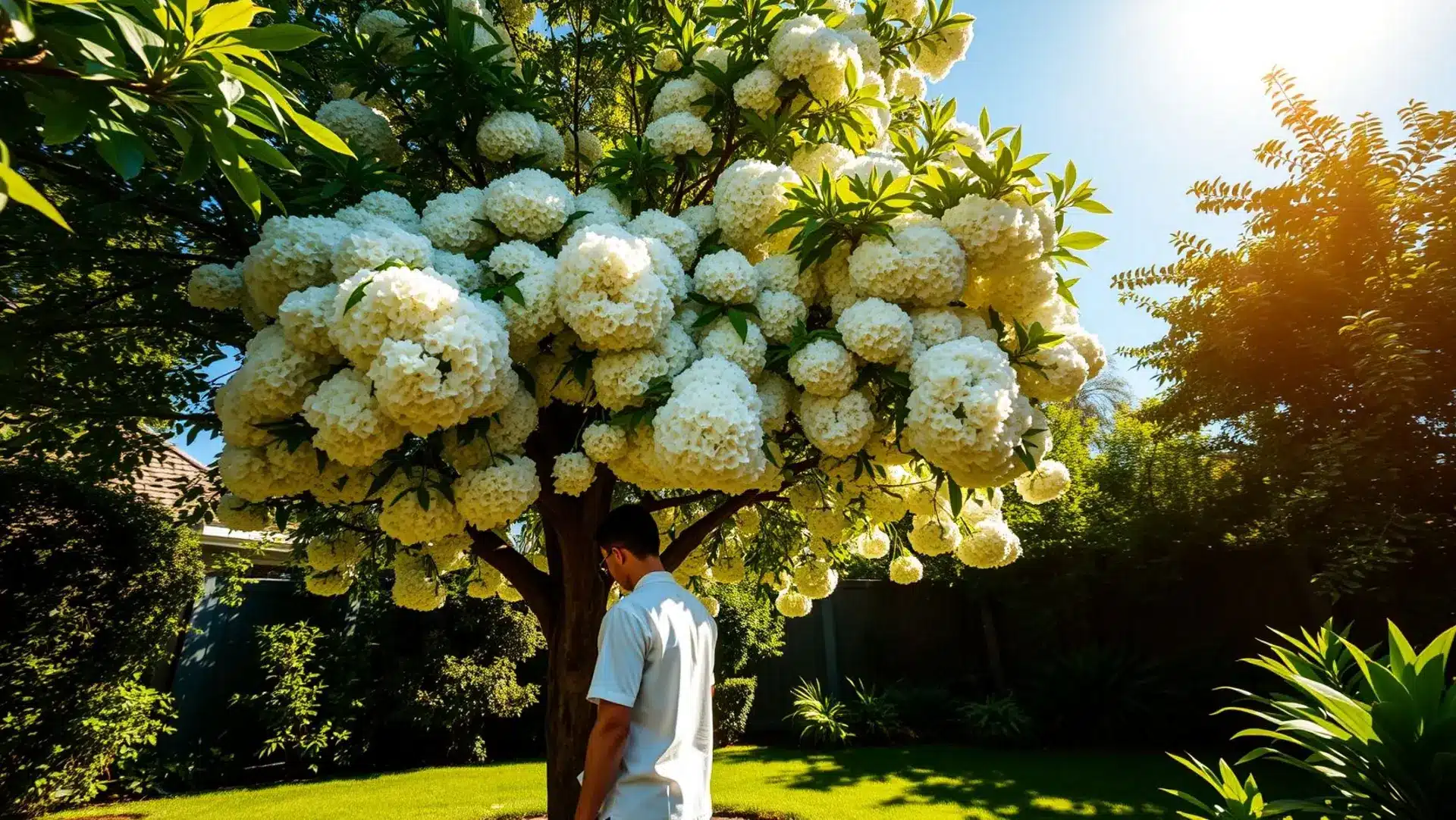Fotografia realista de uma jabuticabeira florida em um quintal durante a primavera