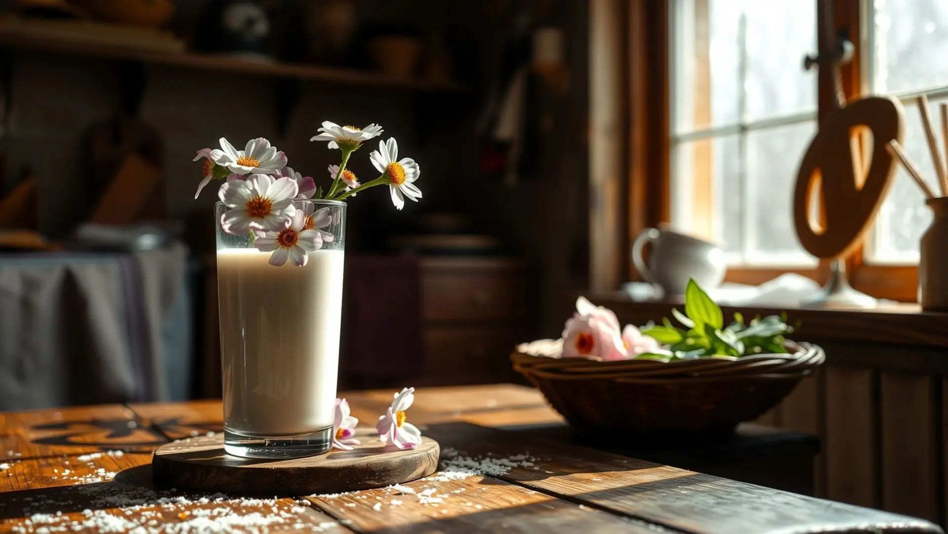 Copo de leite com flores e aconchego de inverno
