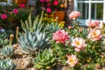 Jardim caseiro com suculentas e Rosas do Deserto iluminado pelo sol