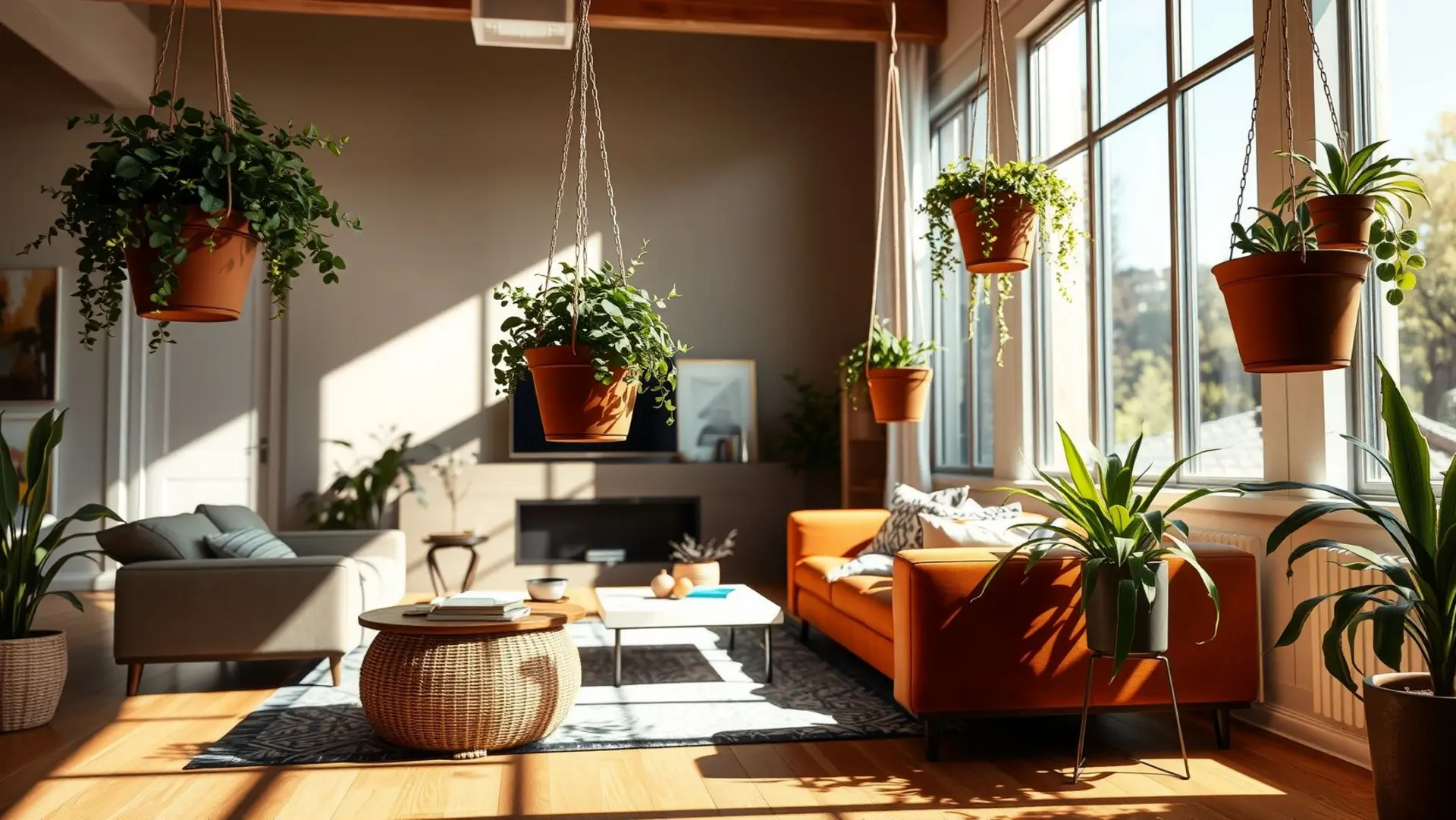 Sala moderna com vasos suspensos e planta verde