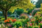 Jardim vibrante com árvores e flores variadas, pessoa cuidando das plantas, luz natural.