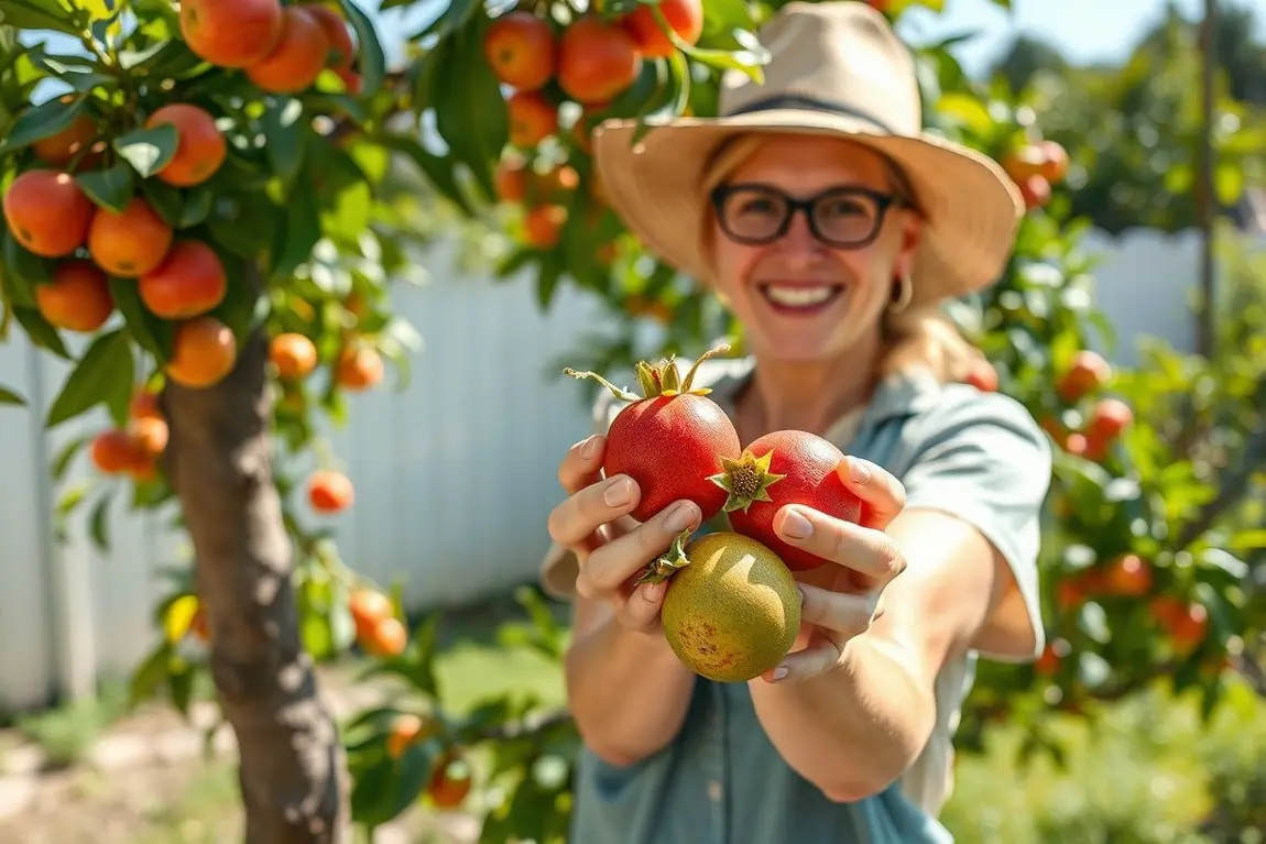 Jardineiro sorridente segurando acerolas maduras recém-colhidas no quintal ensolarado
