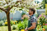 Jardineiro feliz admirando uma árvore florida em um jardim ensolarado