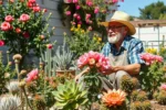 Jardineiro relaxado curtindo Rosas do Deserto e suculentas saudáveis no jardim