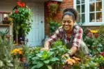 Pessoa sorridente cuidando de várias plantas em um jardim doméstico bem cuidado