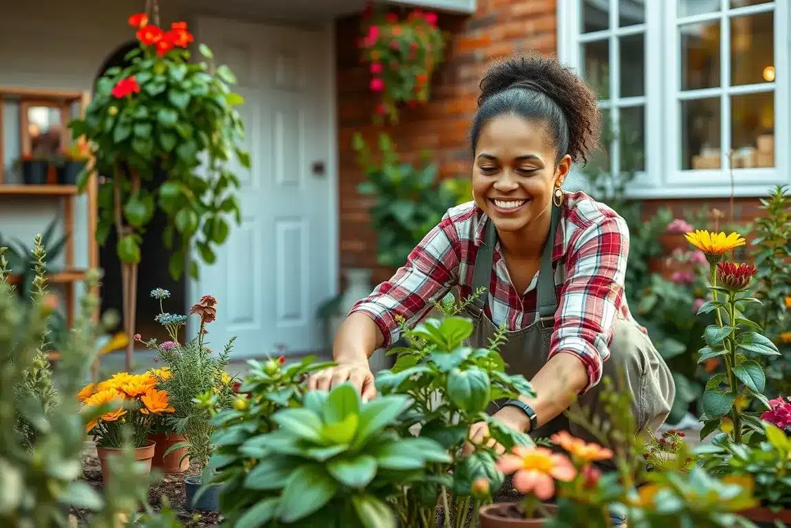 Pessoa sorridente cuidando de várias plantas em um jardim doméstico bem cuidado