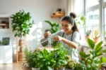 Pessoa sorridente cuidando de um jardim interno com várias plantas em uma sala iluminada