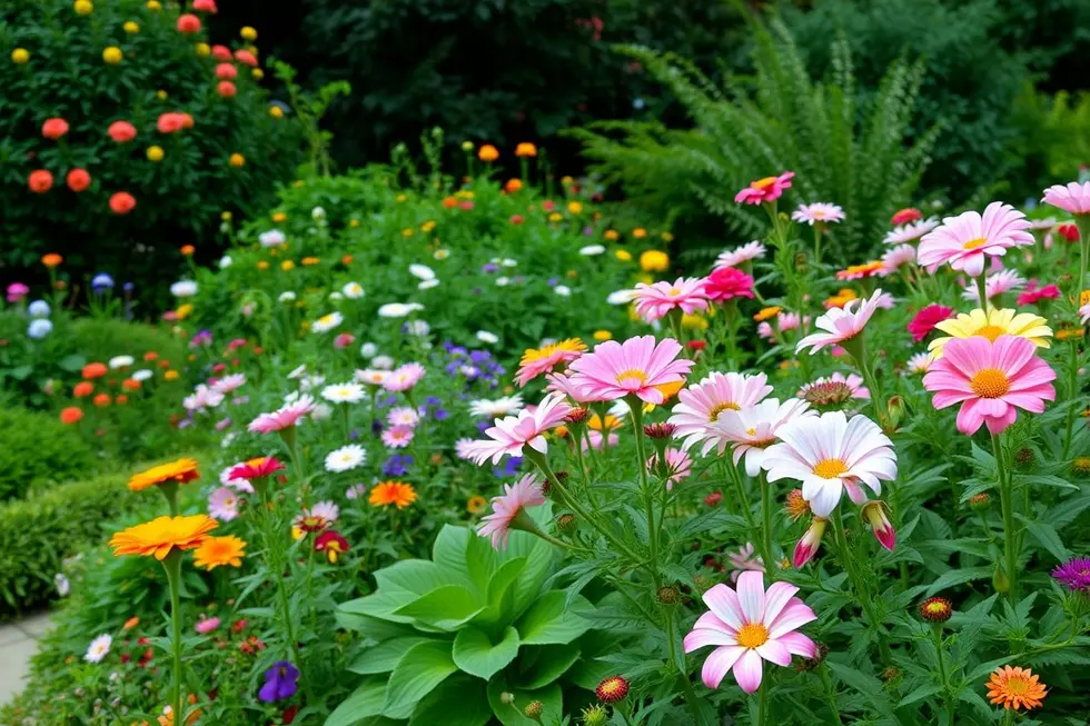 Cenário de jardim sereno com flores vibrantes e folhagens luxuriantes.