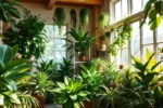 Sala de casa com várias plantas verdes fáceis de cuidar e luz natural.