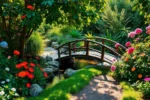Jardim com ponte decorativa de madeira sobre um riacho tranquilo cercado por vegetação exuberante e flores coloridas.