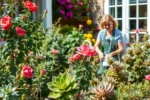 Jardim vibrante com rosas do deserto e suculentas saudáveis, iluminadas pela luz natural, com jardineiro cuidando das plantas.