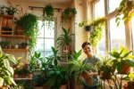 Canto acolhedor de apartamento com várias plantas em vasos próximos a janelas grandes, pessoa sorridente cuidando das plantas