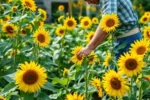 Pessoa cuidando de girassóis amarelos e saudáveis em um jardim ensolarado, com folhas verdes vibrantes.
