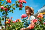 Jardineiro feliz admirando rosas coloridas em jardim ensolarado