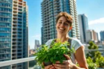Pessoa feliz segurando vaso de hortelã em varanda urbana iluminada pelo sol