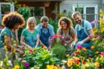 Grupo feliz de jardineiros iniciantes cuidando de um jardim colorido em casa