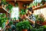 Pessoa feliz organizando vasos coloridos com plantas verdes em uma prateleira próxima à janela ensolarada