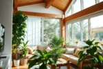 Sala iluminada natural com plantas verdes ao lado de janelas de vidro limpo