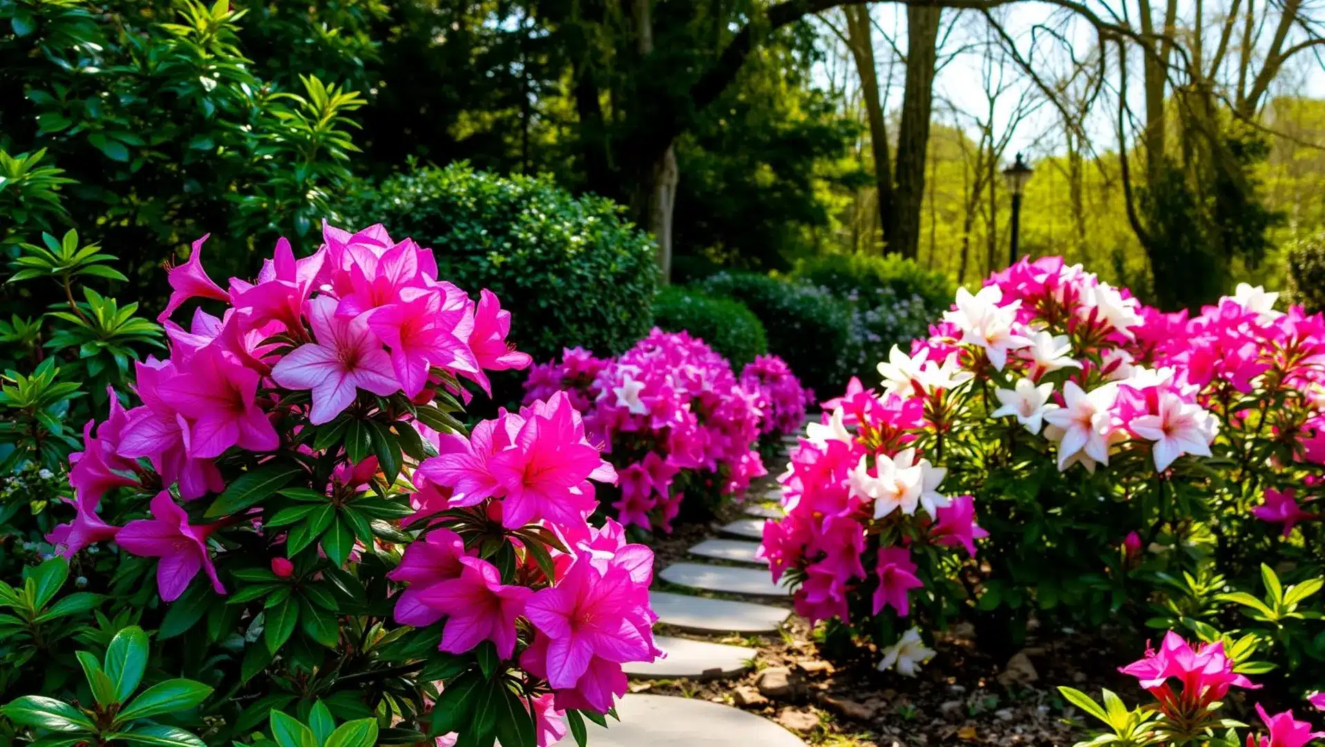 Azaleia cheia de botões em um jardim florido na primavera.