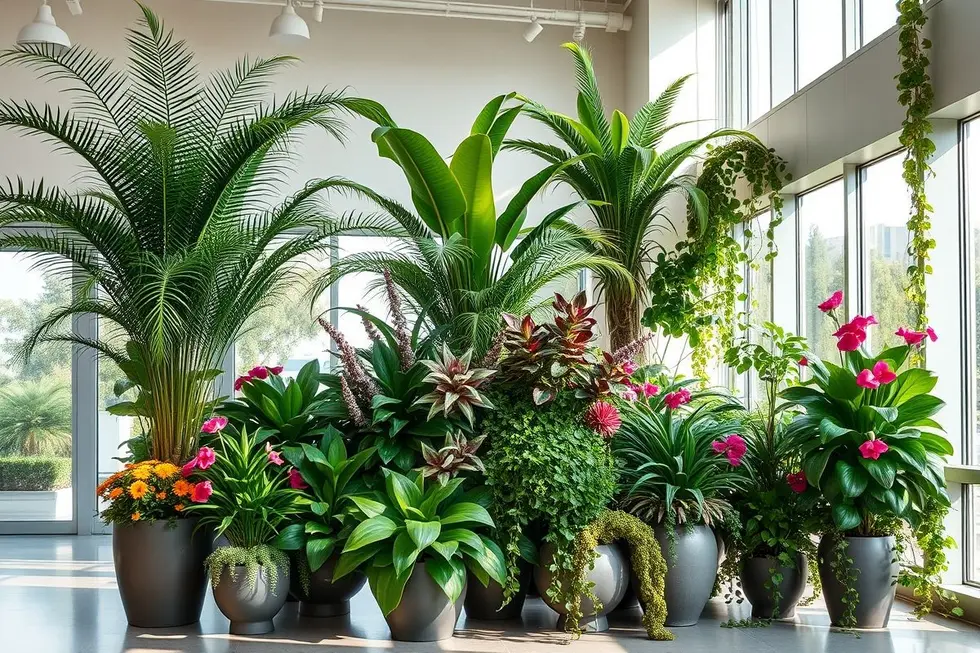 Arranjo de plantas internas, criando um ambiente vibrante e pacífico.