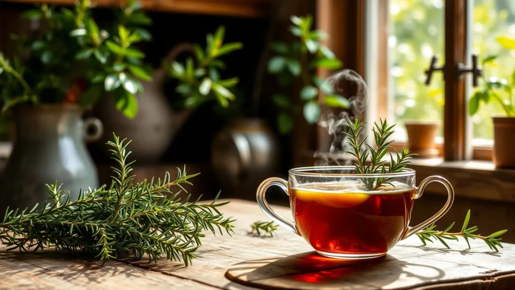 Xícara de chá de alecrim em uma mesa de cozinha rústica.