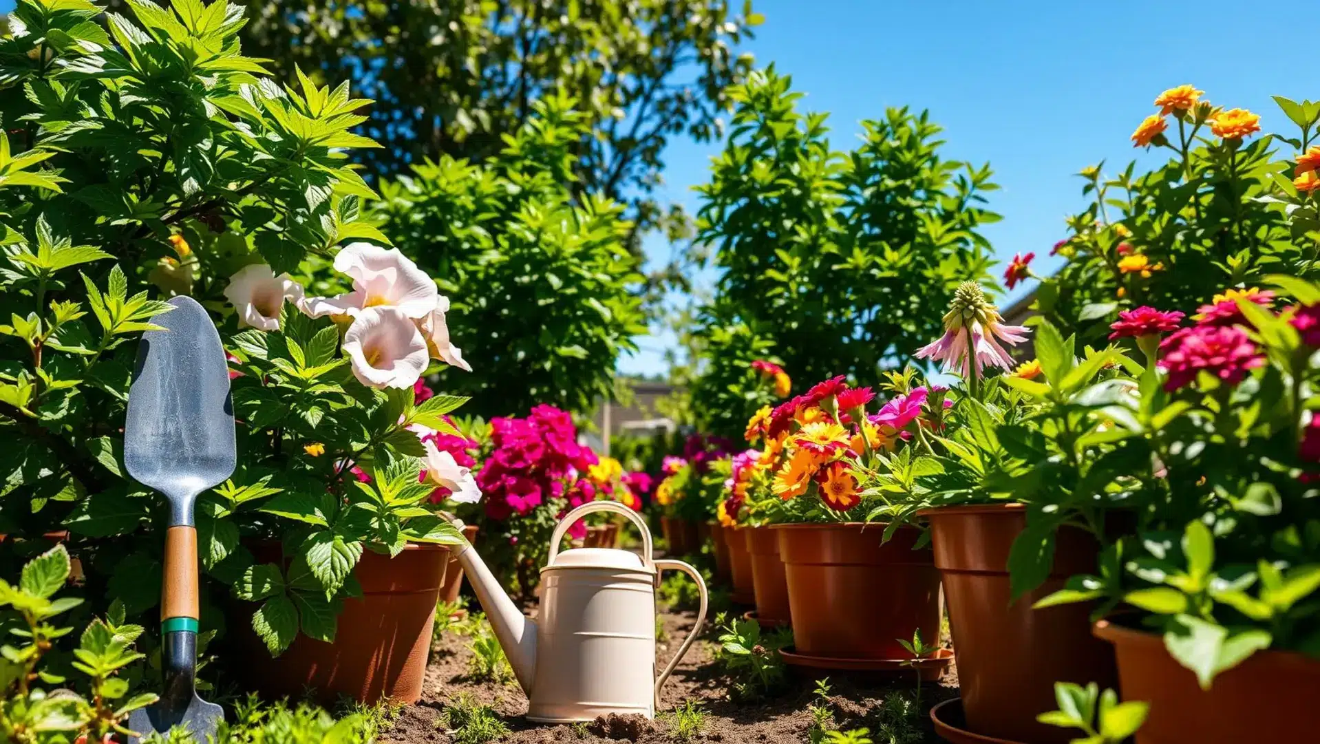 Jardim com plantas saudáveis em vasos médios e flores vibrantes.