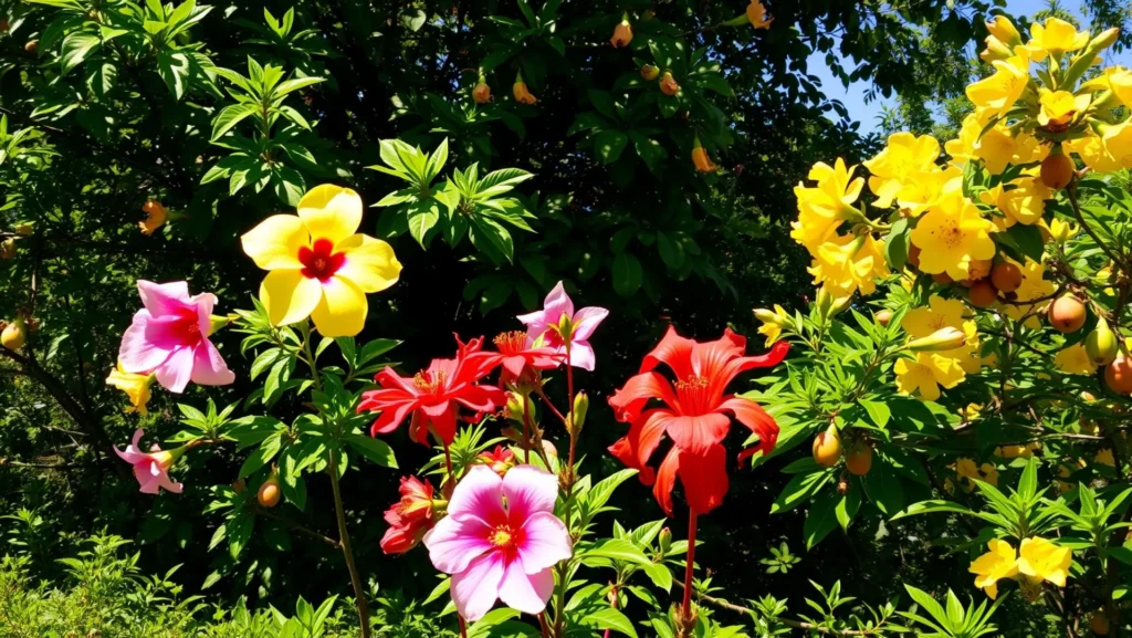 Jardim com árvores que dão flores em plena floração, incluindo Ipê-amarelo e Flamboyant.