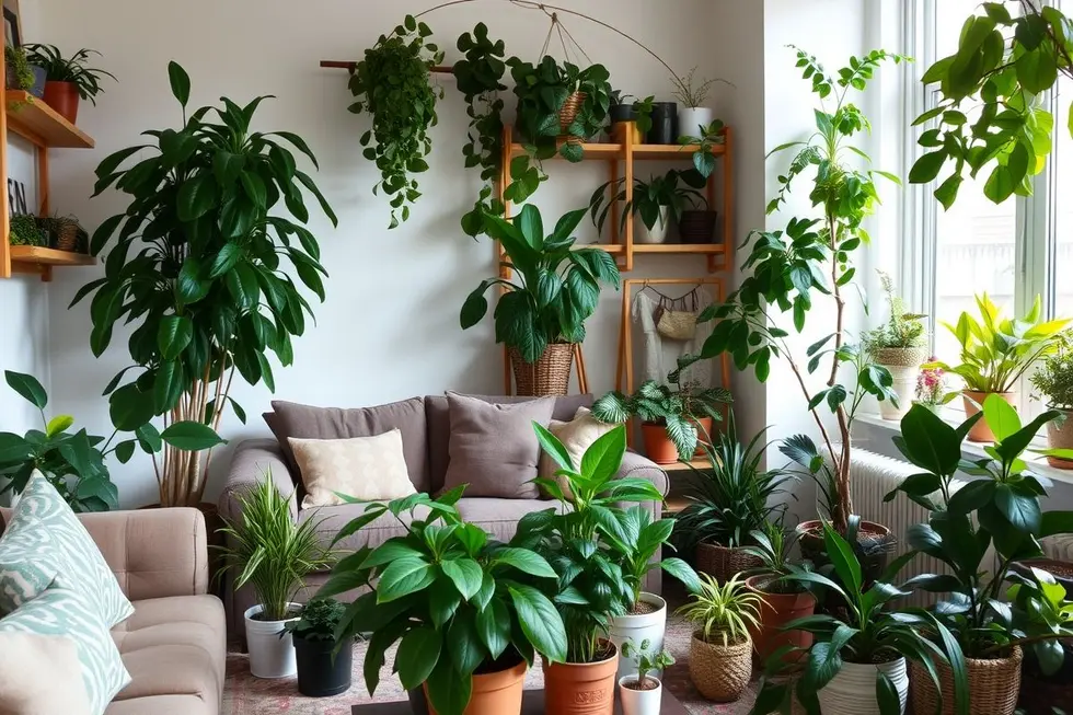 Sala de estar decorada com vasos de plantas.