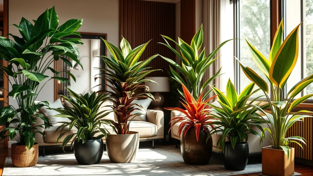 Diferentes tipos de dracena em uma sala moderna e iluminada.