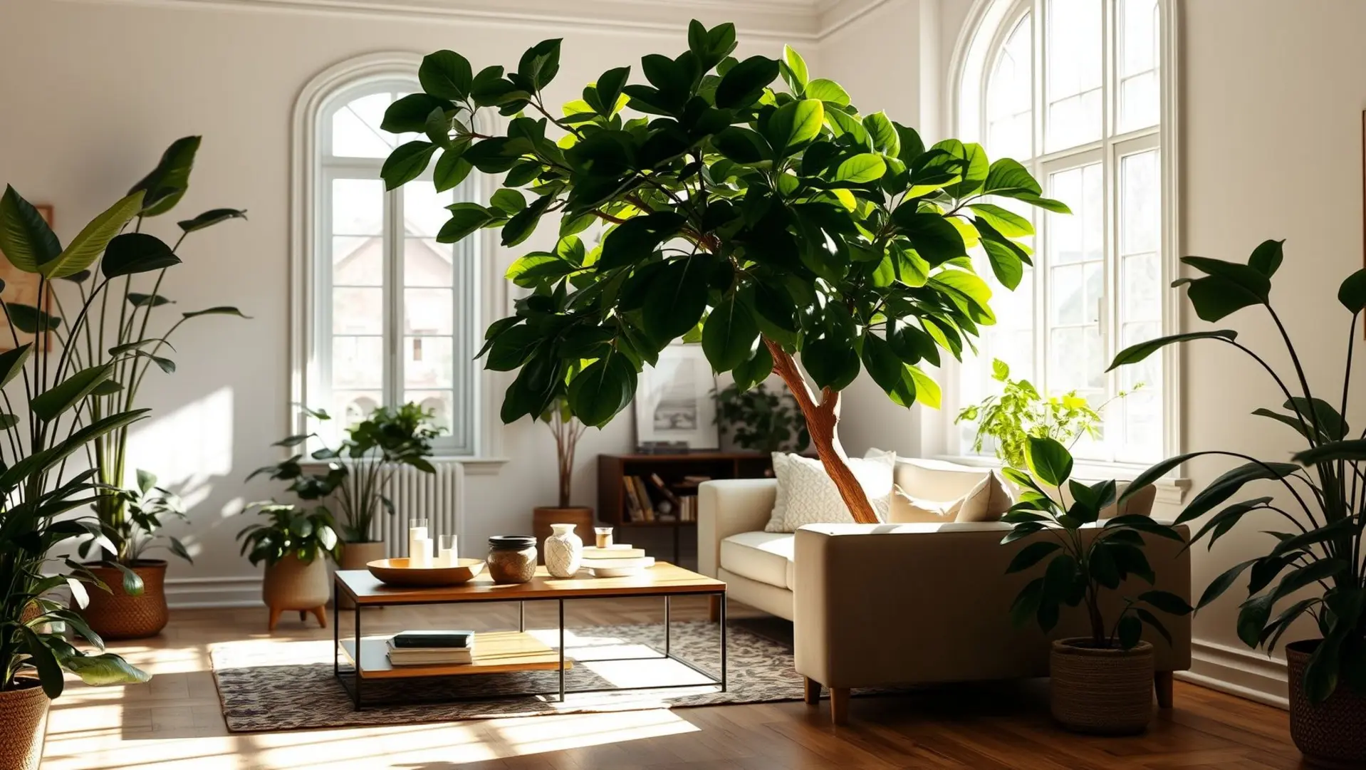 Sala com Ficus Lyrata destacando a elegância do ambiente