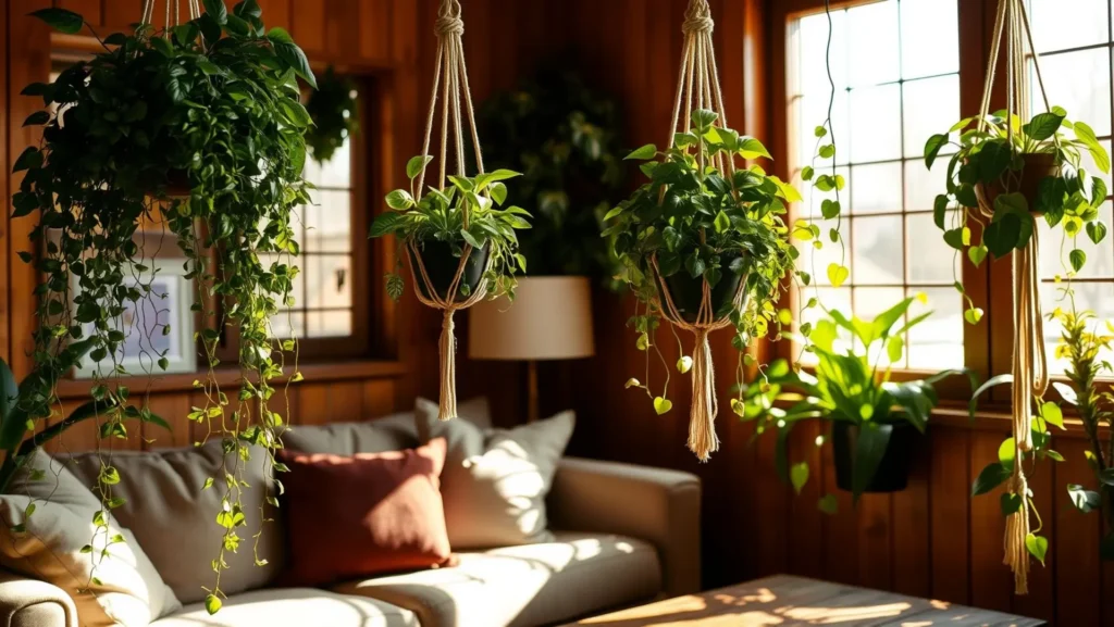 Sala de estar aconchegante com plantas pendentes verdes e iluminadas pela luz do sol.