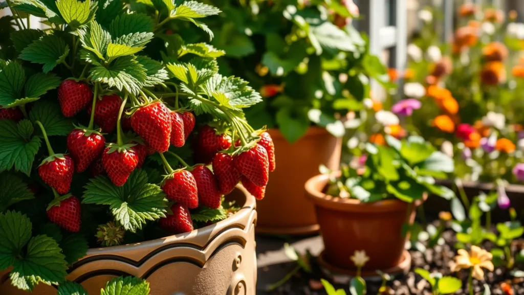 Quintal com morangos em vasos prontos para colheita.