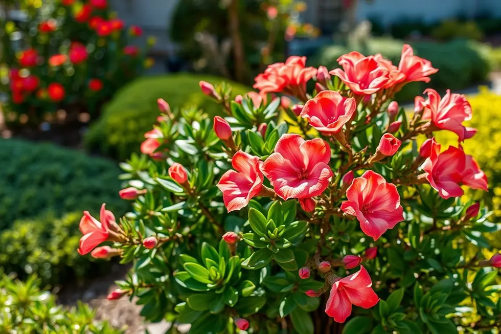 Uma Rosa do Deserto vibrante em um belo jardim.