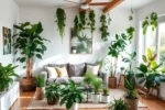 Sala de estar decorada com plantas interiores.