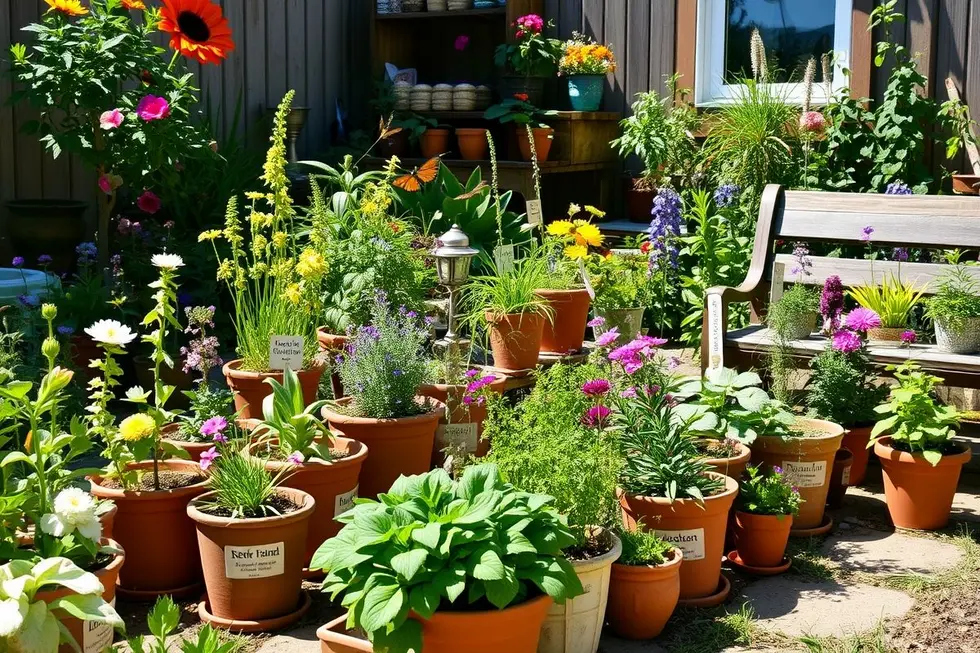 Um jardim caseiro com ervas medicinais sob a luz do sol.