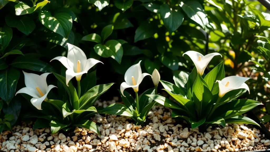Lírios da paz com flores brancas e cascas de ovo no jardim