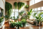 Decorative living room with an assortment of plants enhancing the atmosphere.