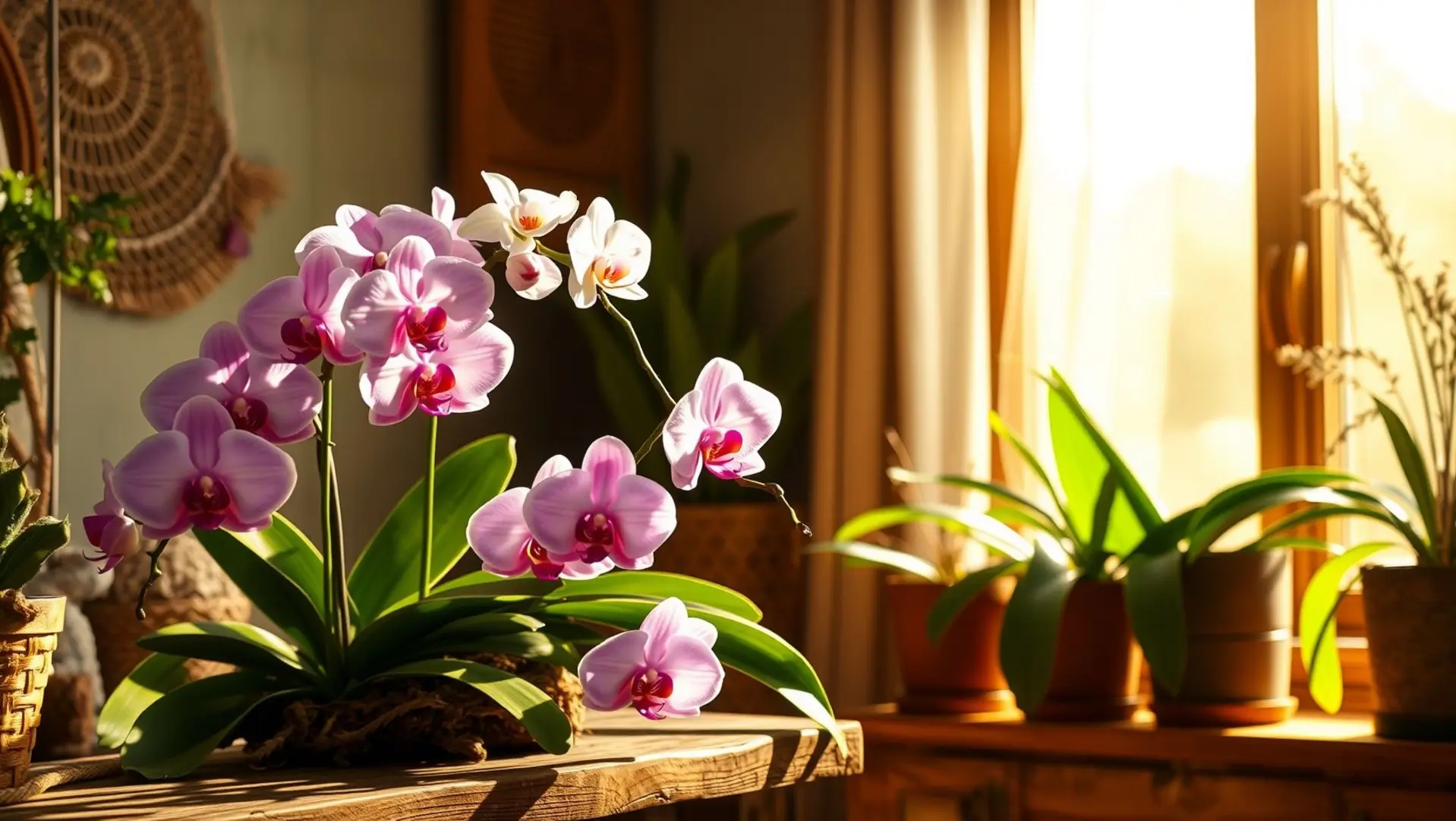 Orquídeas Phalaenopsis em ambiente aconchegante
