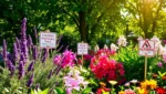 Jardim com plantas não tóxicas e sinalização de plantas tóxicas