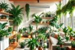 Sala de estar aconchegante decorada com plantas diversas.