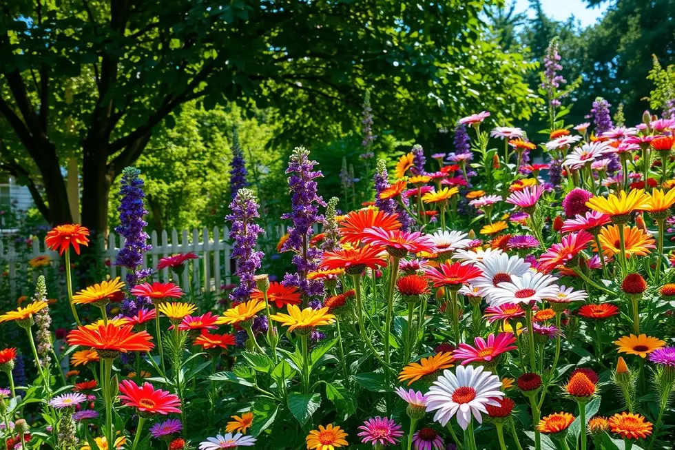 Uma cena de um jardim bonito com flores em plena floração.