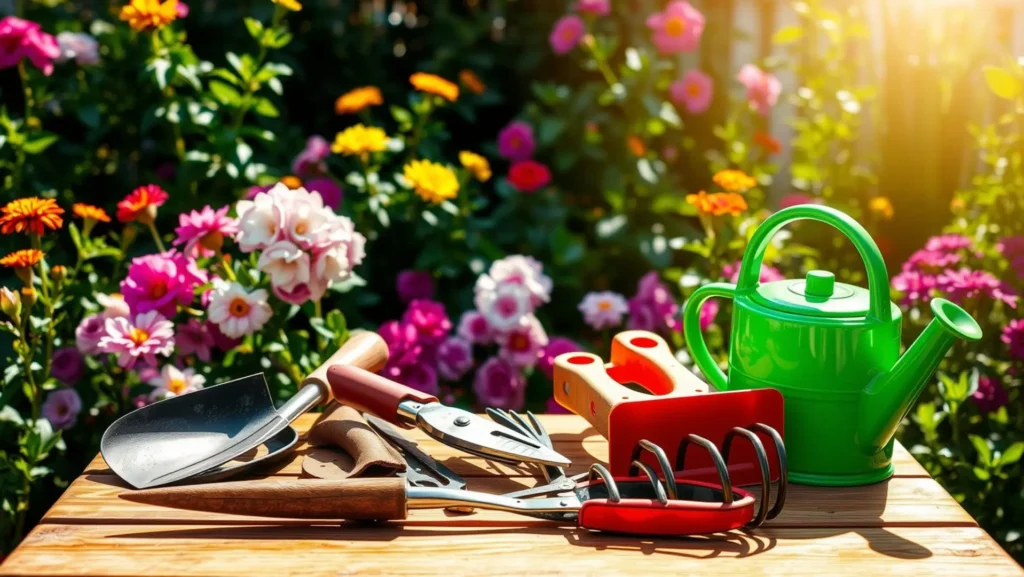Ferramentas de jardinagem essenciais em um jardim ensolarado.