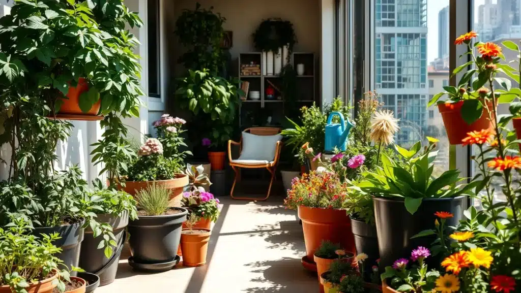 Cultivar plantas em apartamento com várias espécies em vasos.