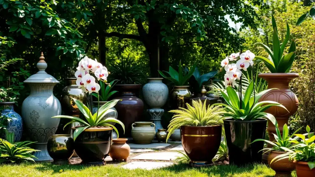 Vasos decorativos variados em um jardim com plantas exuberantes.